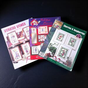 Vintage Cross Stitch Pattern Book Lot Women Humor Fruit Florals Red Hat Ladies